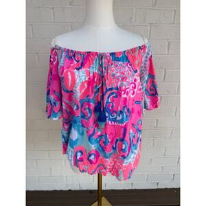 Lilly Pulitzer Pink Blue Off Shoulder Tassel Rayon Blouse Flowy Preppy Size M